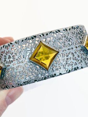 Vintage Bracelet Silver Filagree, Edwardian Revival, Bangle, Hinged Glass Jewels